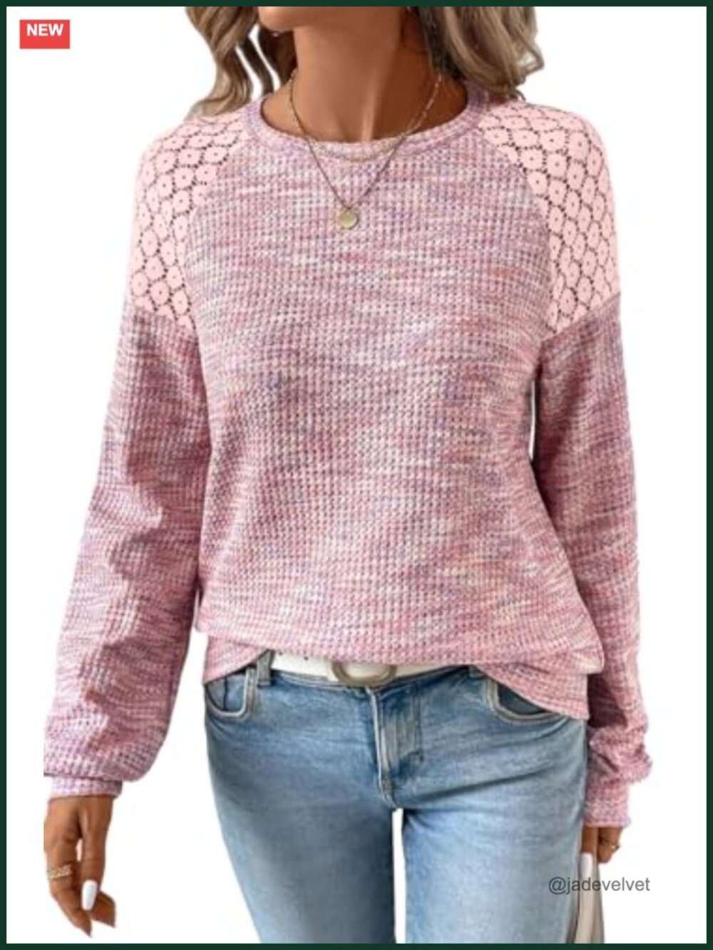 Waffle Knit Lace Cutout Blouse Loose Fit Tunic Top